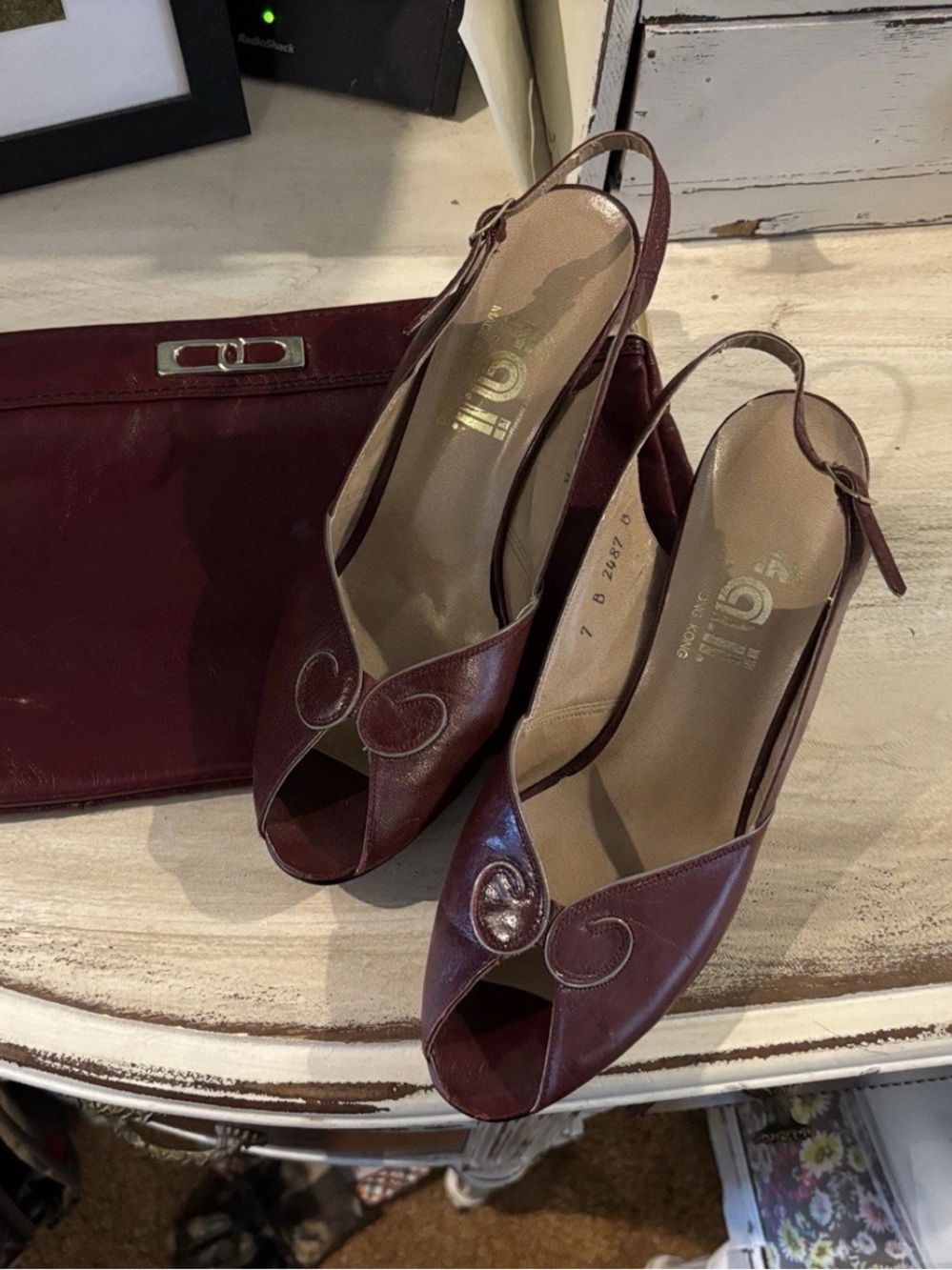 Vintage retro Maroon sling back heels and matching purse size 7